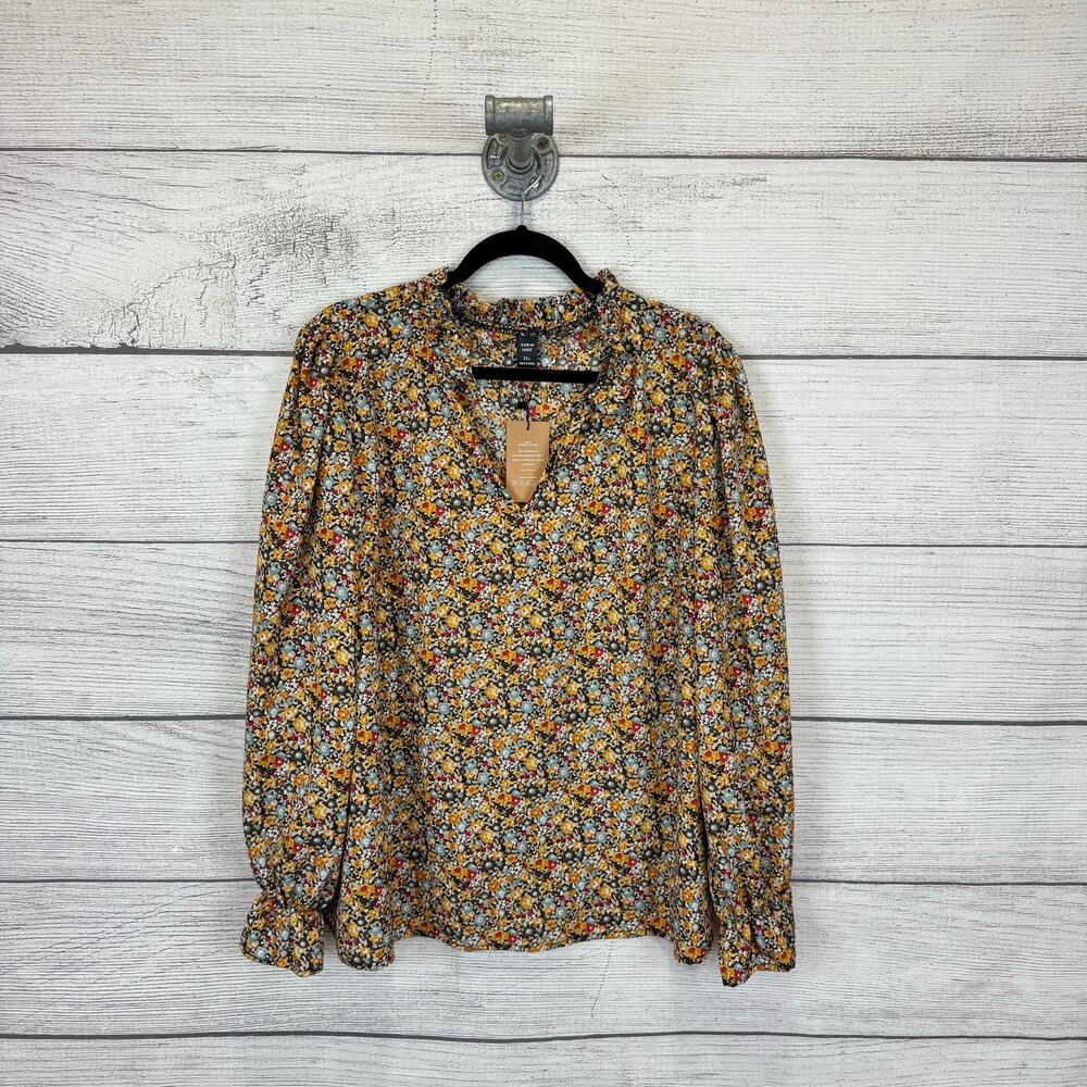 Shein Curve Plus Size Gray Yellow Blue Floral V-Neck Long Sleeve Blouse Size 3X